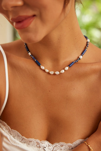 Pure Silver Blue-Green Stone Pearl Necklace/ Bracelet Set