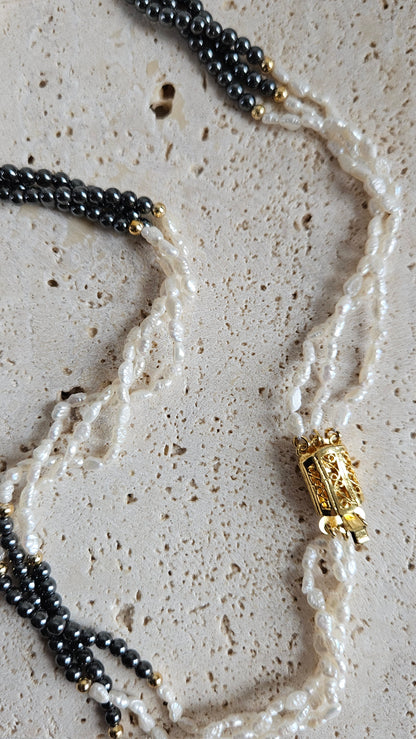 Vintage Natural Freshwater Pearl & Black Hematite Multi-Strand Necklace