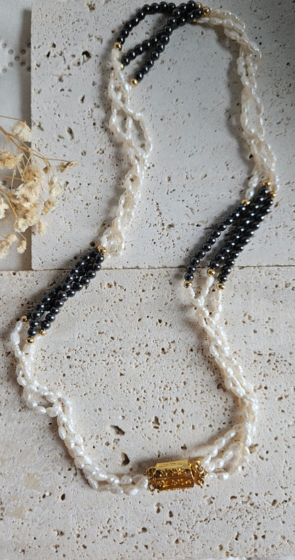 Vintage Natural Freshwater Pearl & Black Hematite Multi-Strand Necklace