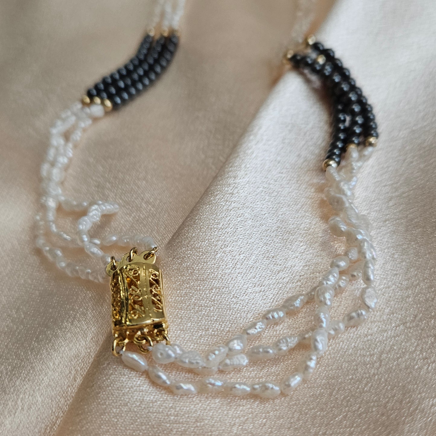 Vintage Natural Freshwater Pearl & Black Hematite Multi-Strand Necklace