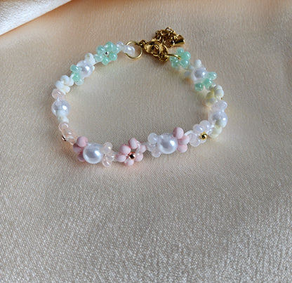 Flower Beaded Bracelet, 18K Gold Plated, Imitation Pearl, Dainty Floral Jewelry