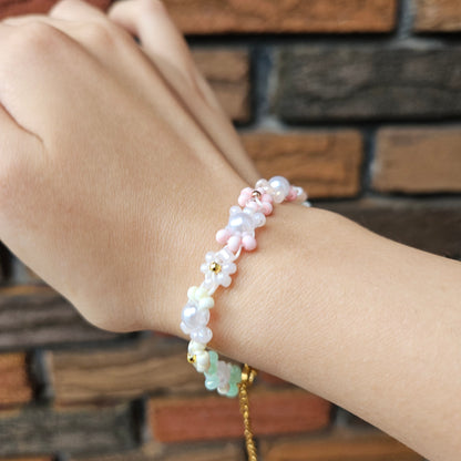 Flower Beaded Bracelet, 18K Gold Plated, Imitation Pearl, Dainty Floral Jewelry