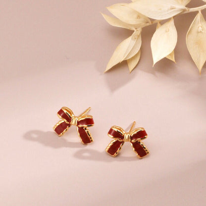 Coquette Bow Tie Oil Red Drip Glaze Earrings