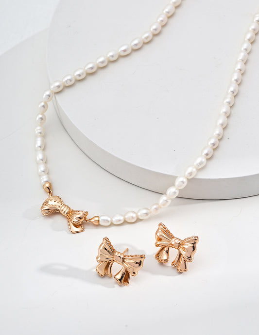 Silver Vintage Natural Pearl Bow Necklace