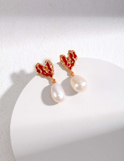 Red Irregular Heart Pearl Earrings