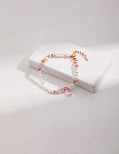 Peach Blossom Pure Silver Pearl Bracelet/ Necklace Set