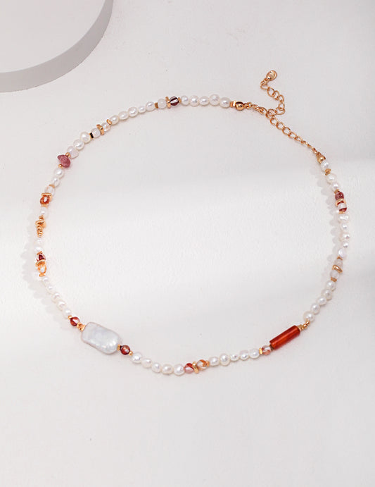 Strawberry Crystal Pearl Silver Necklace