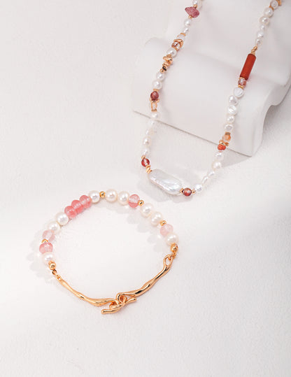 Strawberry Crystal Pearl Silver Necklace