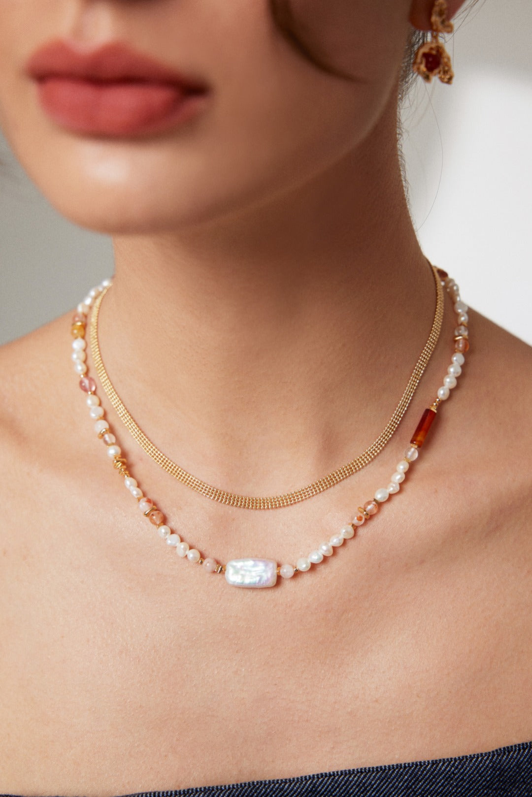 Strawberry Crystal Pearl Silver Necklace