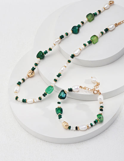 Unisex Peacock Stone Green Blue Stripe Agate Pearl Set