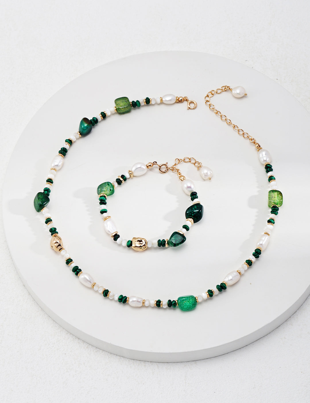 Unisex Peacock Stone Green Blue Stripe Agate Pearl Set