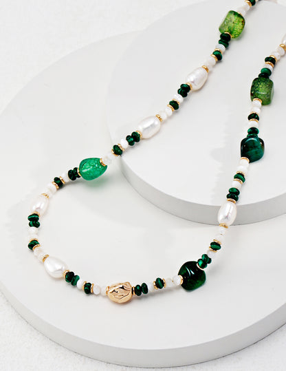 Unisex Peacock Stone Green Blue Stripe Agate Pearl Set