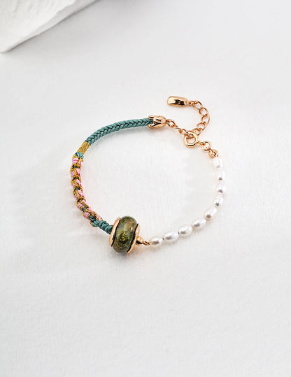 The Moon Lucky Green Leather Silver Pearl Bracelet