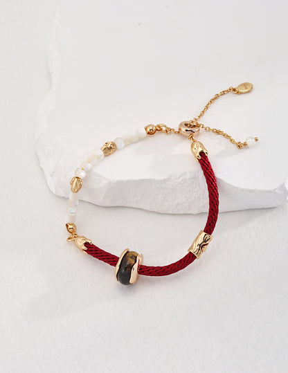 The Moon Lucky Red Leather Silver Pearl Bracelet