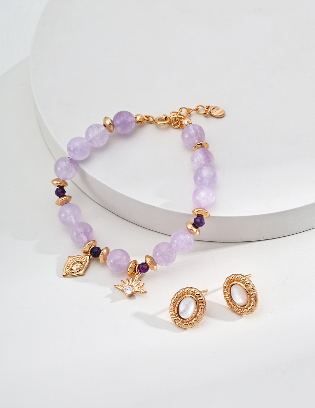 Natural Lavender Purple Amethyst Faceted Round Bead Zircon Bracelet