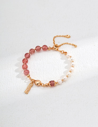 Beads Grass Agate Strawberry Quartz Silver  Bracelet