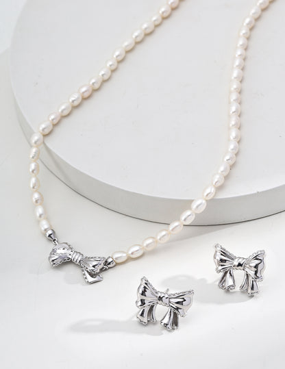 Silver Vintage Natural Pearl Bow Necklace